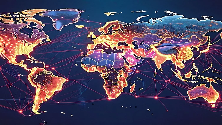 Paper collage artistic image of a map of the world superimposed with neural networks, nodes glowing across geopolitical regions—america, china, europe. some nodes flickering, others fading