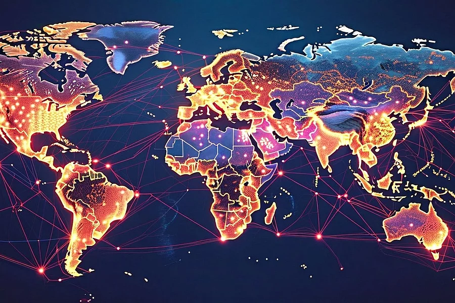 Paper collage artistic image of a map of the world superimposed with neural networks, nodes glowing across geopolitical regions—america, china, europe. some nodes flickering, others fading