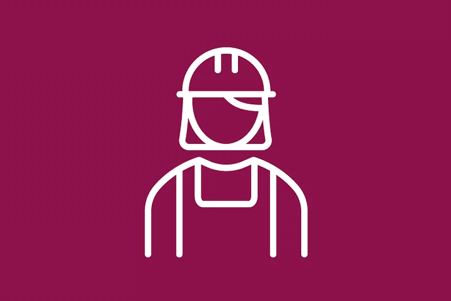 The FES icon shows a female factory worker wearing a safety helmet and work clothes on a dark red background.